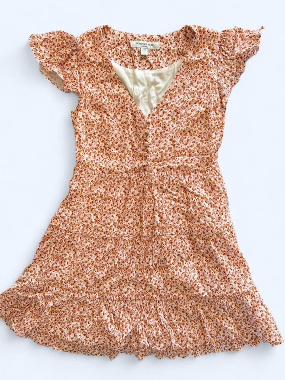 Forever New Womens Orange Floral V-Neck Boho Feminine Flutter Sleeve Dress 0